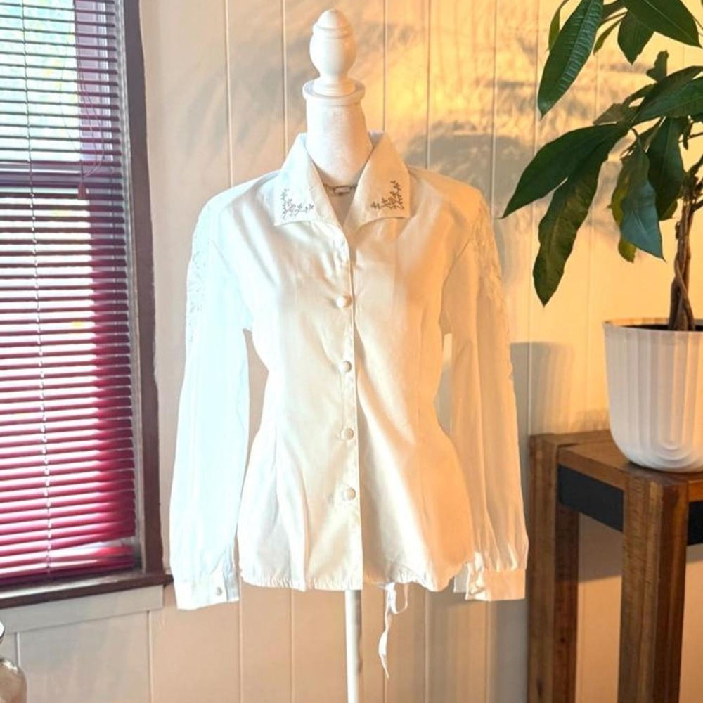 Vintage 80s 90s Lace Sleeve White Button Up Shirt Embroidered Coquette Blouse